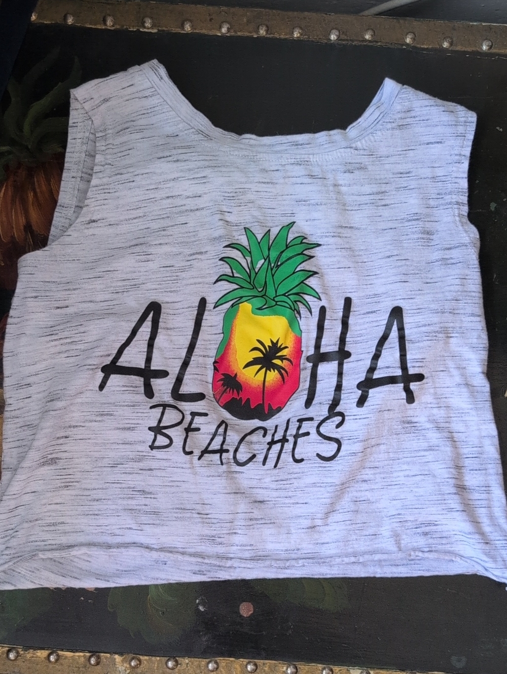 Aloha Beaches Pineapple Graphic Tank Crop Top - Heather Grey And White